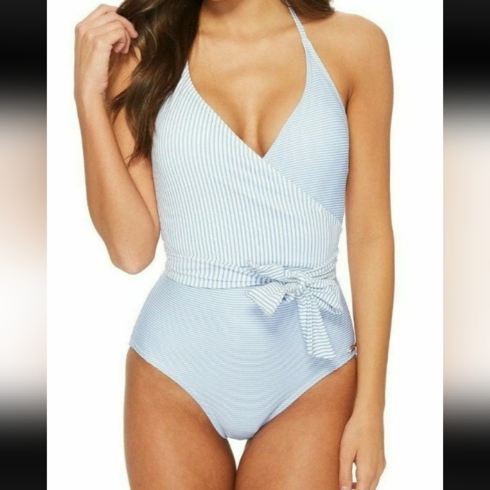 Vince Camuto Blue One Piece Swimsuit with Textured Design and Halter Straps